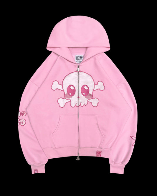 SKULL ZIP HOODIE BABY PINK